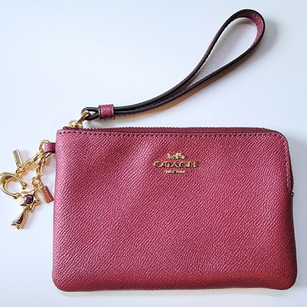 NWOT Coach Black Cherry Corner Zip Wristlet with Charms | FREE Shipping!